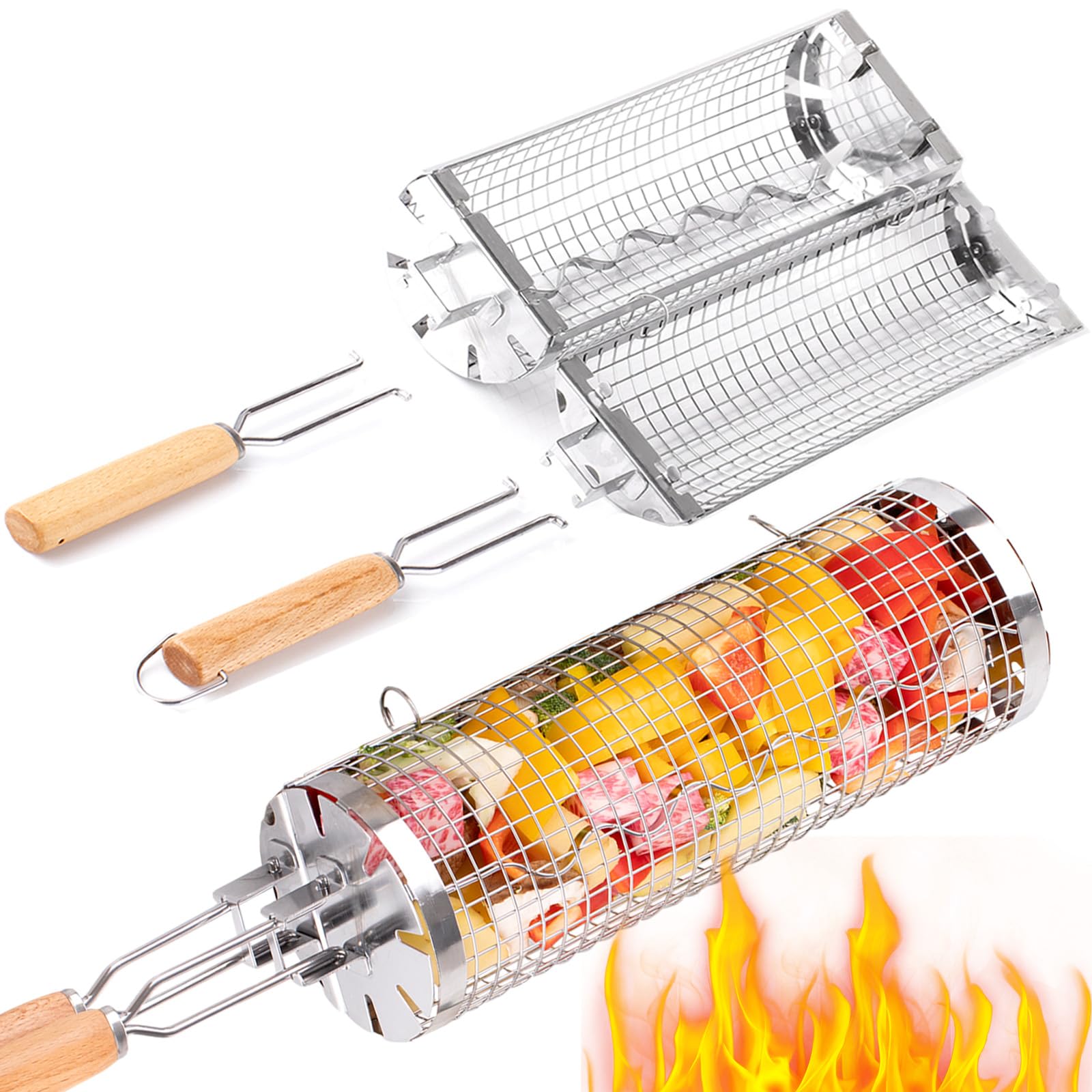 Camping Cooking Hardware - BUYYES Rolling Grill Basket BBQ Mesh